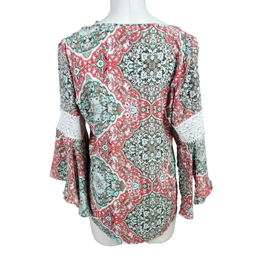 Three Hearts Boho Paisley Style Flared Sleeve Tunic Top L - Picture 2 of 4